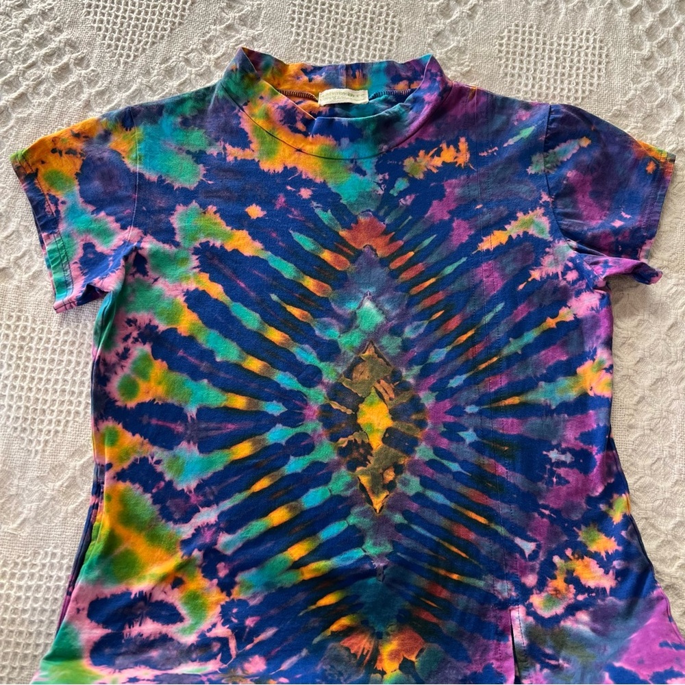 Saisby by Cg Vibrant Hand Tie-Dyed Mock Neck Dress Top Side Split Hem Cotton - Picture 15 of 15